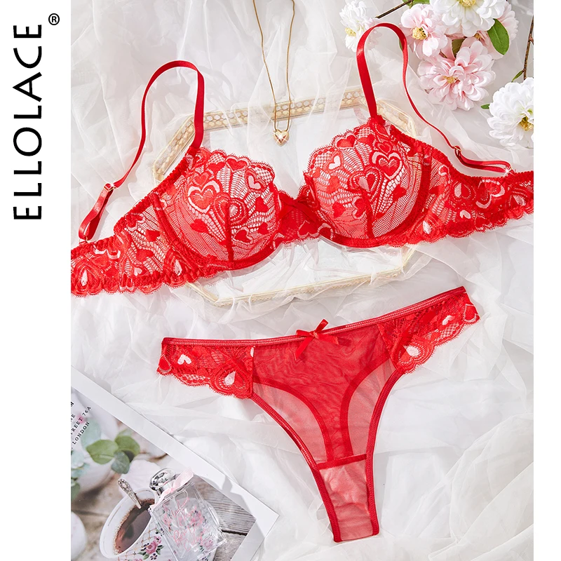 

Ellolace Love Heart Valentine Lingerie Red Erotic Lingerie For Full Seamless Underwear See Through Lace Sensual Exotic Sets