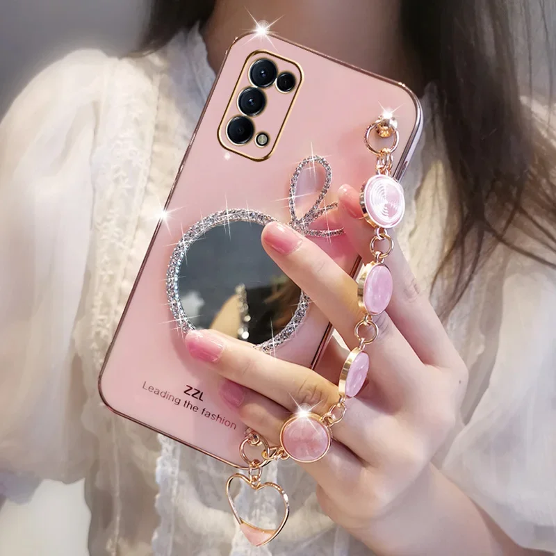 Cute Bump Rabbit Ears Mirror Case For OPPO A77 A78 A94 5G A93 A73 A54S A17 A53 Reno 7 8 Texture Slip Shellfish Bracelet Cover