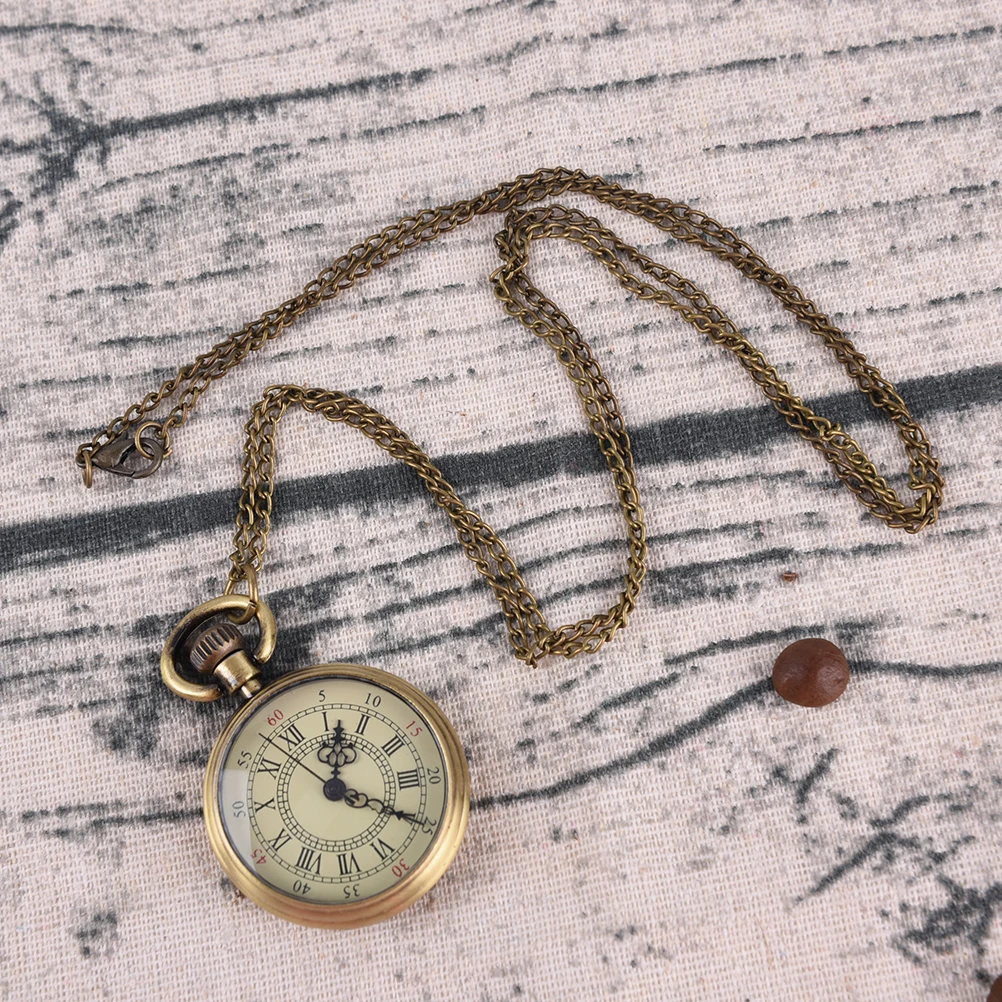 Simple Vintage Style Steampunk Beige Dial Roman Numbers Small Pocket Watch Necklace Pendant