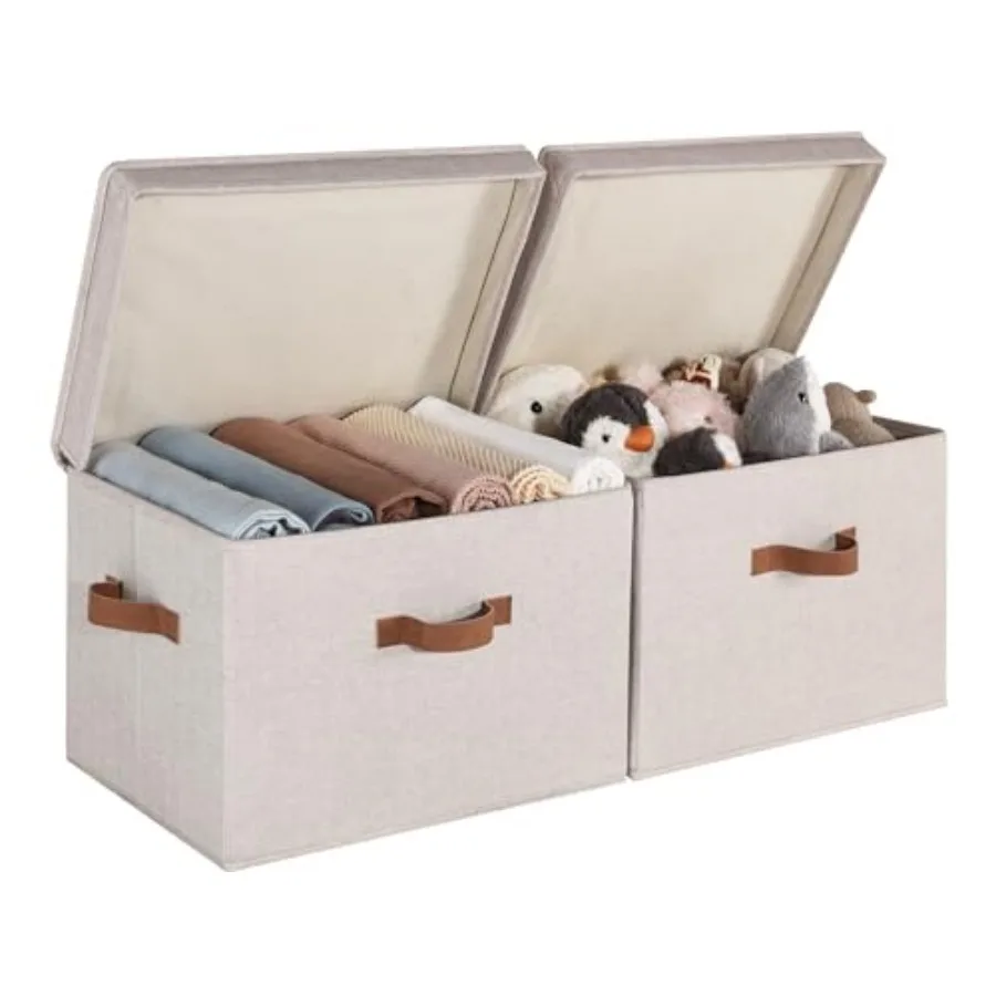 

Fabric Storage Bins with Lid, Decorative Storage Boxes for Shelves, Stackable Closet Organizer Basket with Handles,,, 2-Pack