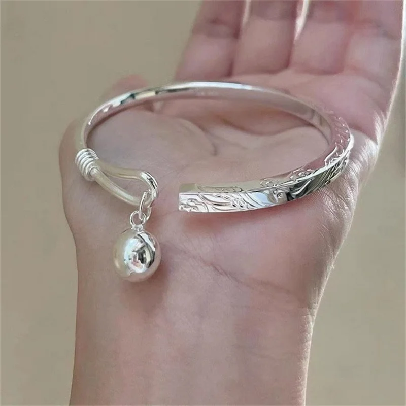 999 Sterling Silver Open Cuff Bangle for Women Engraved Scroll Floral Pattern with Dangling Round Bell Charm Vintage Oriental St