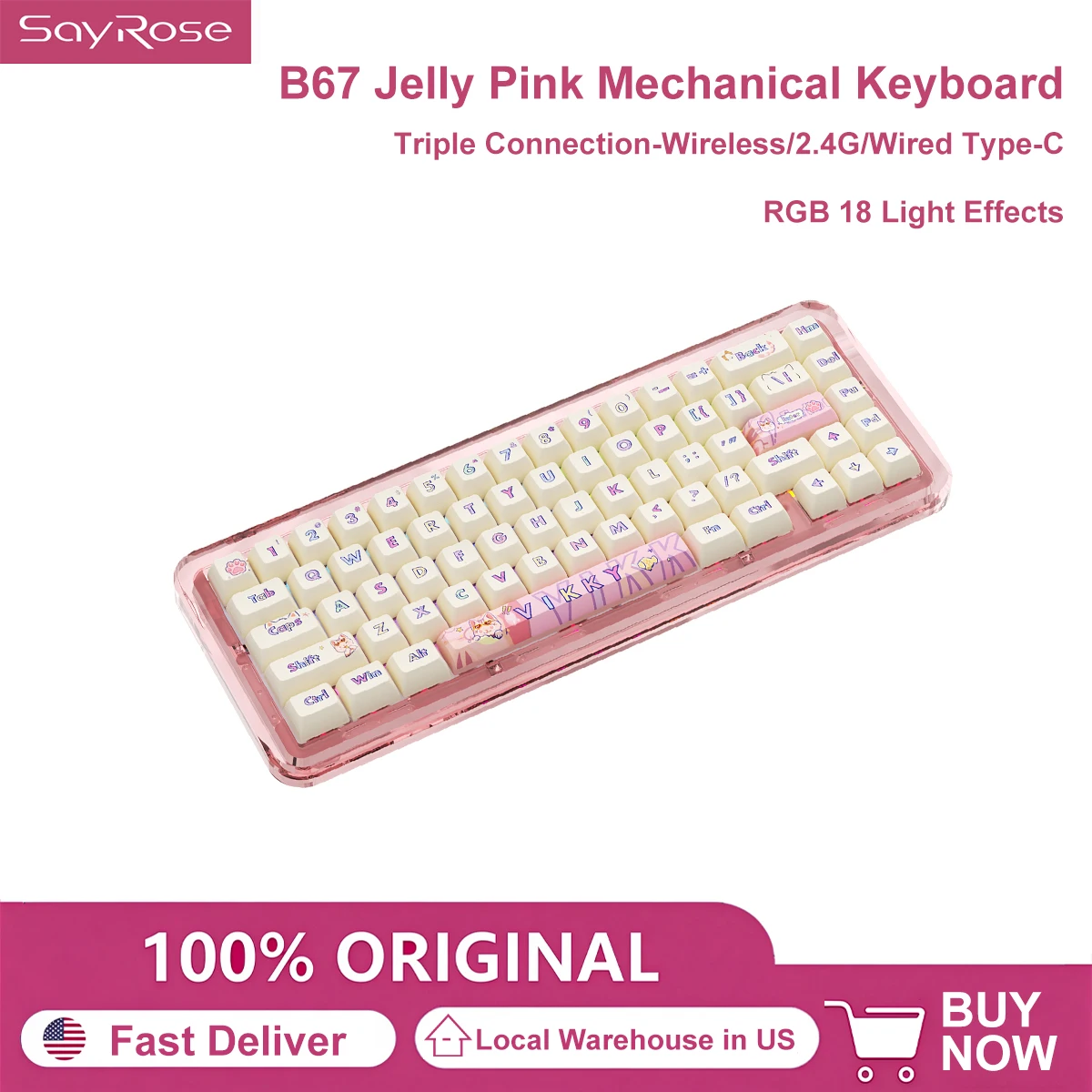 SayRose B67 Cute Wireless Mechanical Keyboard Triple Mode 2.4G Bluetooth 5.4 Type C RGB 18 Light Effects Hot Swappable Gasket Crystal Switches 3750mAh 67 Keys Aesthetic Girl Desk Decor Gift