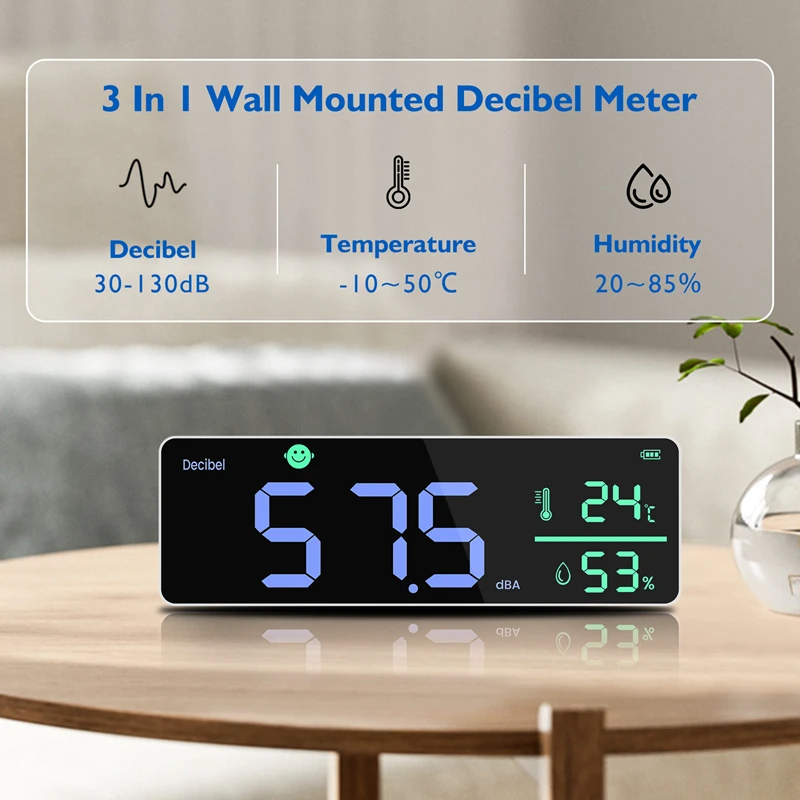 DM1306D cyfrowy miernik dźwięku decybeli inteligentna ściana zamontowany detektor hałasu 30-130DB temperatury i Monitor wilgotności