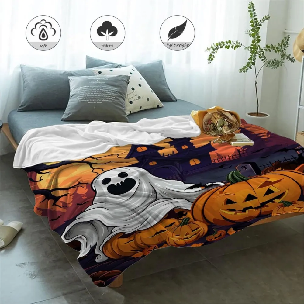 1PC Halloween Throw Blanket Ghost Pumpkin Skull Castle Bats Cat Thin Blanket Gifts for Couch Bed Car Home Camping all season use