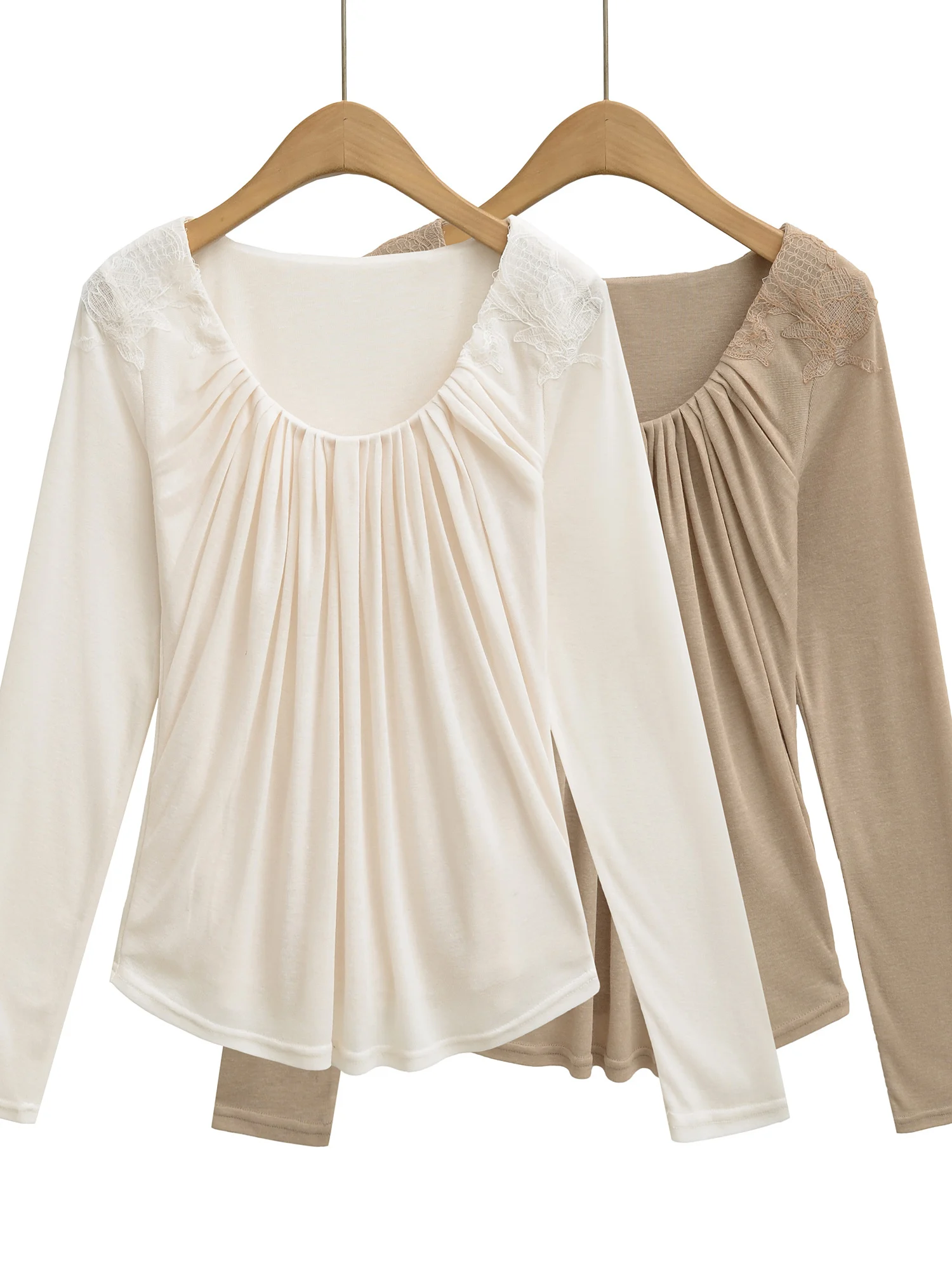 Elegant Lace Splice Long Sleeve T-Shirt Women's Soft Folded Spring Design Sensation Comfortable Breathable Cotton Top