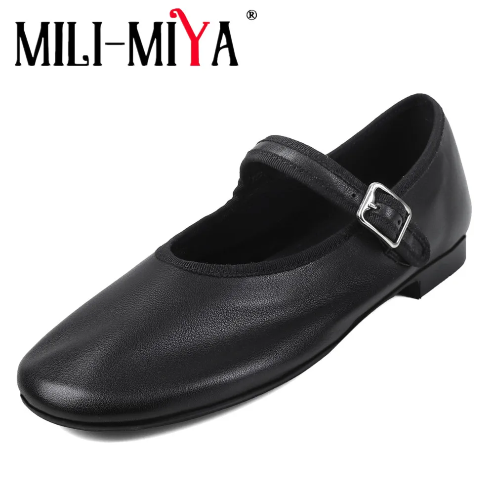 

MILI-MIYA Women's Full Genuine Leather Minimalist Flats Soft And Comfortable Round Toe Solid Colour Buckle Strap For Ladies