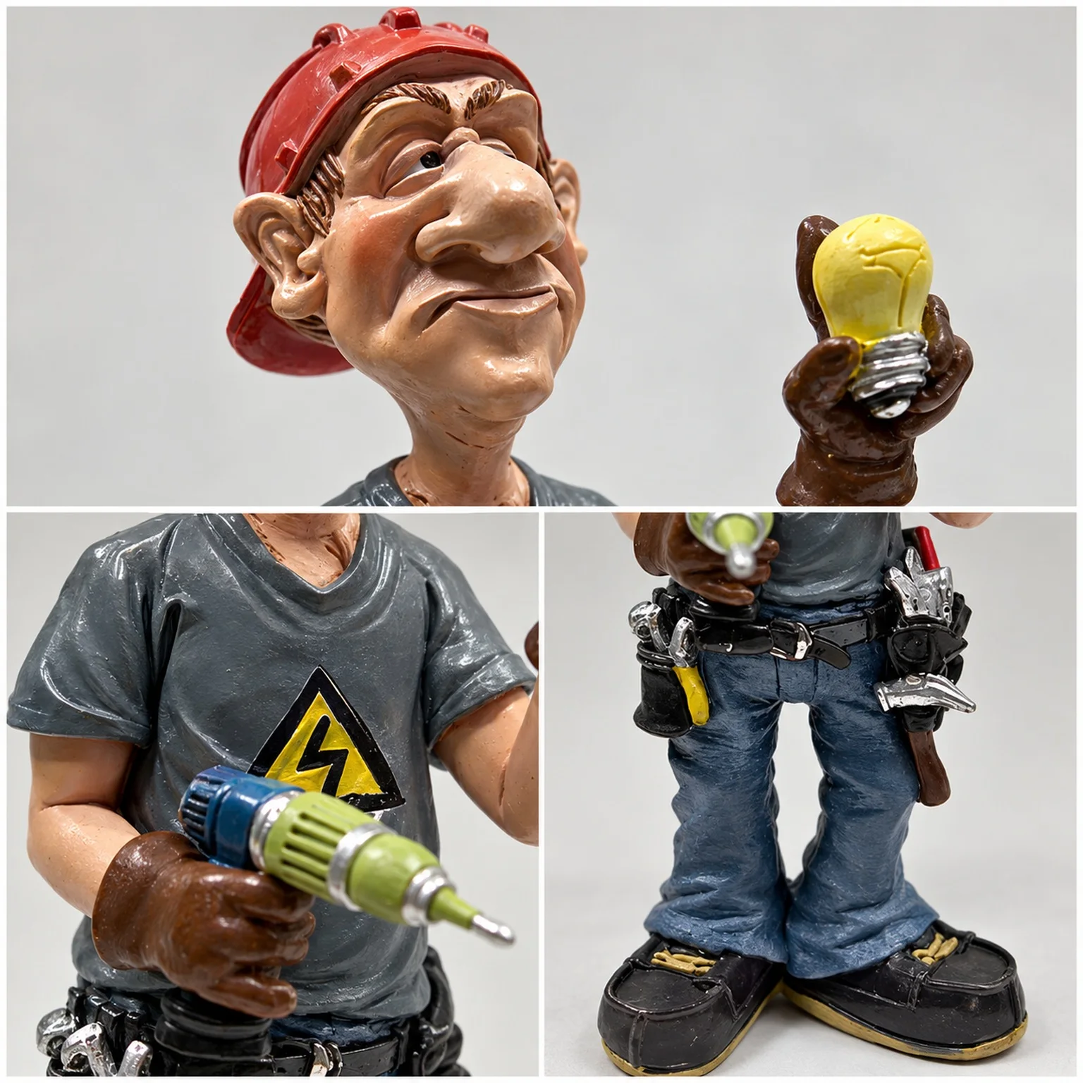 Funny Electrician Figurine with Drill and Light Bulb Cartoon Tradesman Statue for Workshop Office Desk Shelf Decor Gift