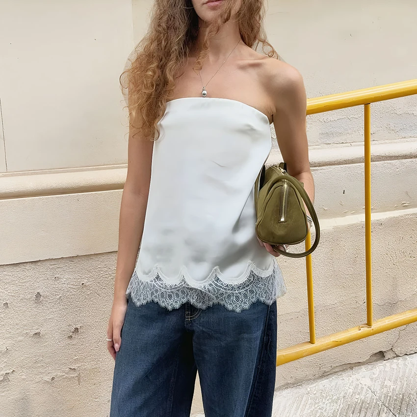 

Linad Элегантный белый топ на бретелях с открытыми плечами, женский сексуальный атласный кружевной жилет с открытой спиной, женский уличный шикарный топ без рукавов, осень 2023 г.