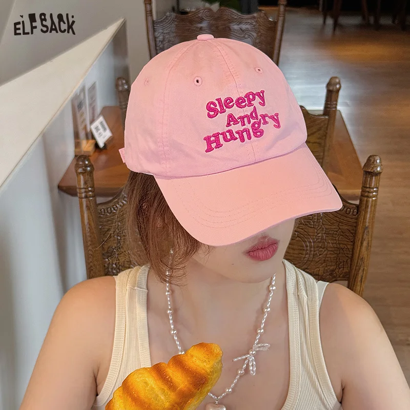 

ELFSACK 2025 Summer New Arrival Pink Letters Embroidered Duck Tongue Cap Casual Large Brim Baseball Cap For Women