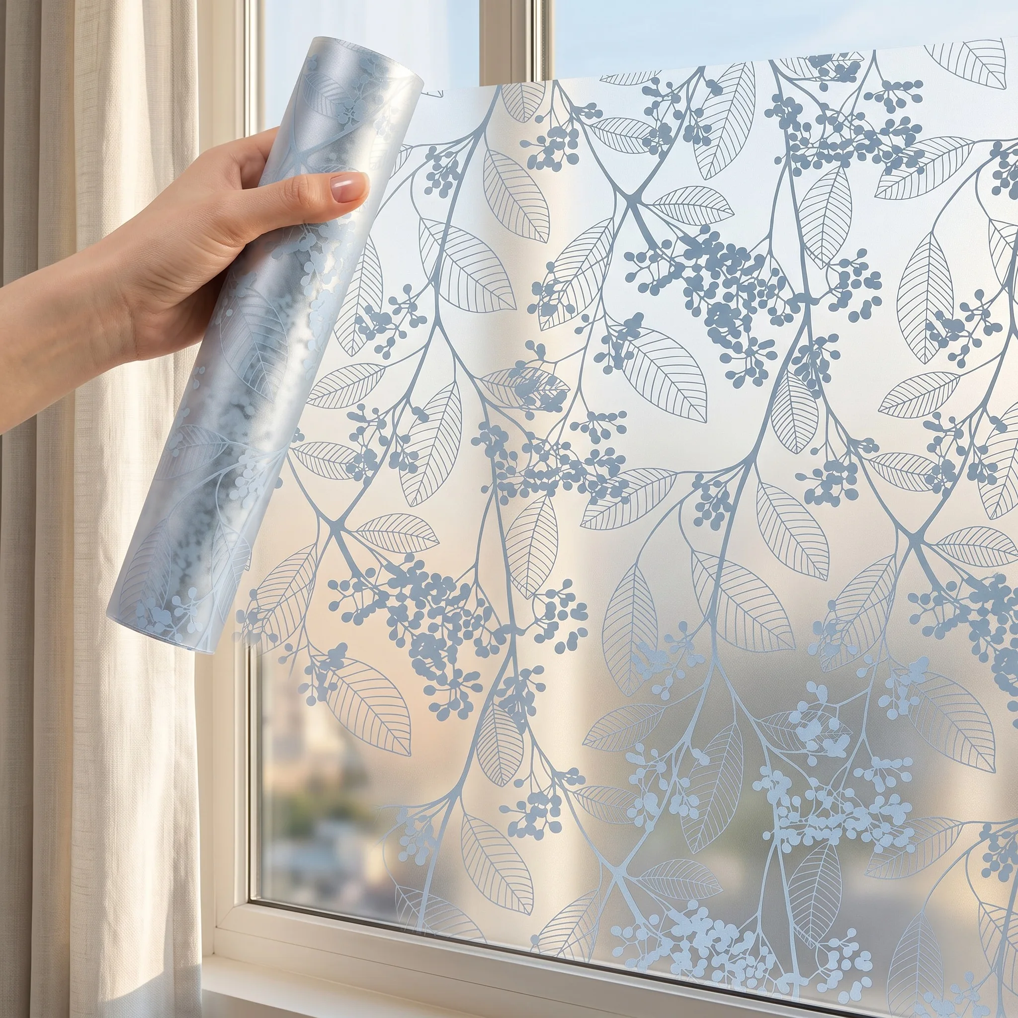 Static Cling Frosted Botanical Leaf Window Privacy Film, No Glue Removable Nordic Decor for Bathroom Bedroom Home DIY Roll