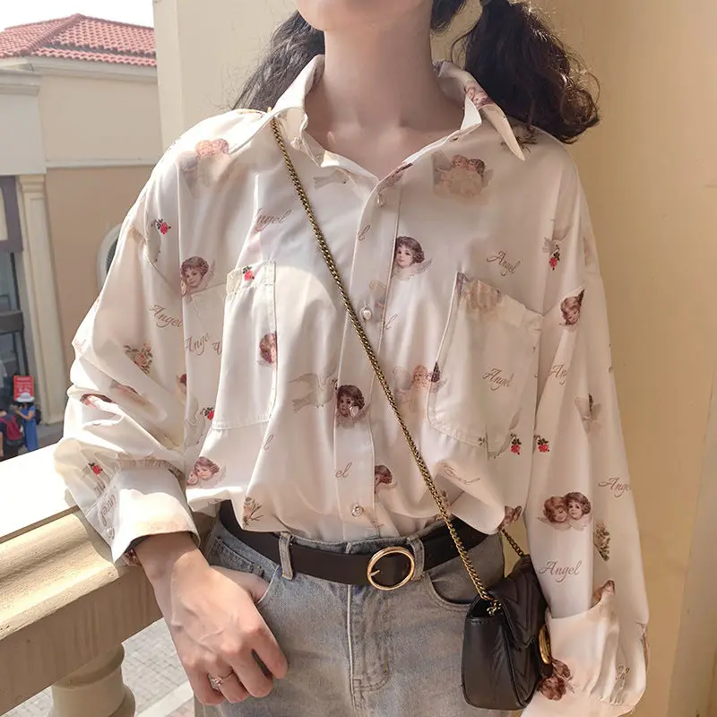 Harajuku Angel Print Womens Shirt Vintage Elegant Blouse Women Autumn 2024 Lantern Sleeve Female Clothes Loose BF Shirt