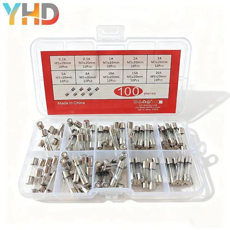 100PCS 5x20mm Glass Tube Fuse Assortment Kit, 10 Values 0.2A-20A (10pcs Each) with Box, Fast Blow Cartridge Fuses for Circuit Pr