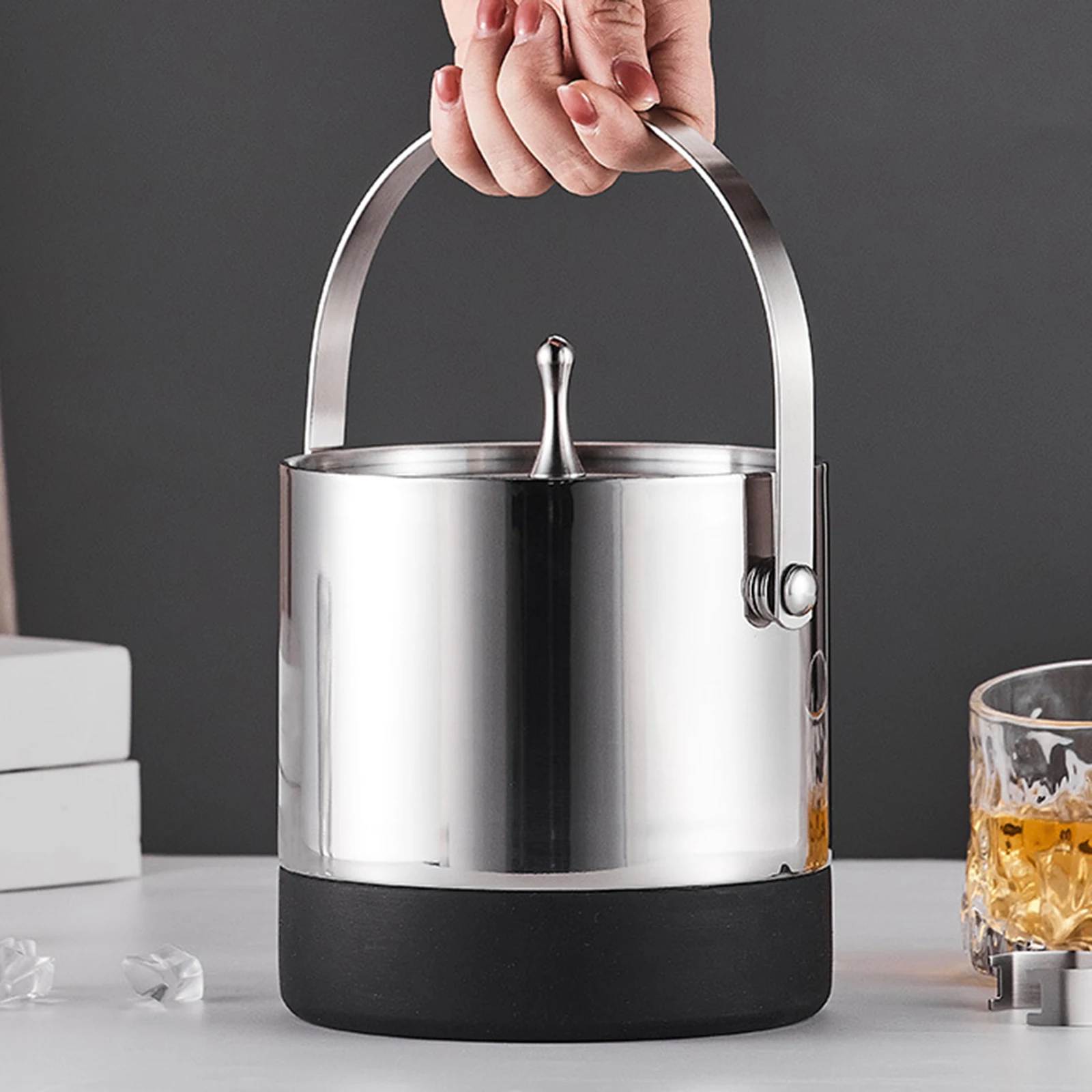 Stainless Steel Double-Layer Ice Block Bucket Wine Chiller Bucket with Lid and Handle for Home Party Chilling Champagne