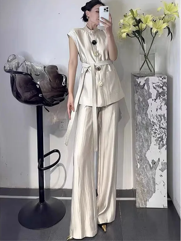 

2025 New Women's Faionable Flutton Vest Wide Leg Pants Set Two Piece Suite European Sle Summer Collection
