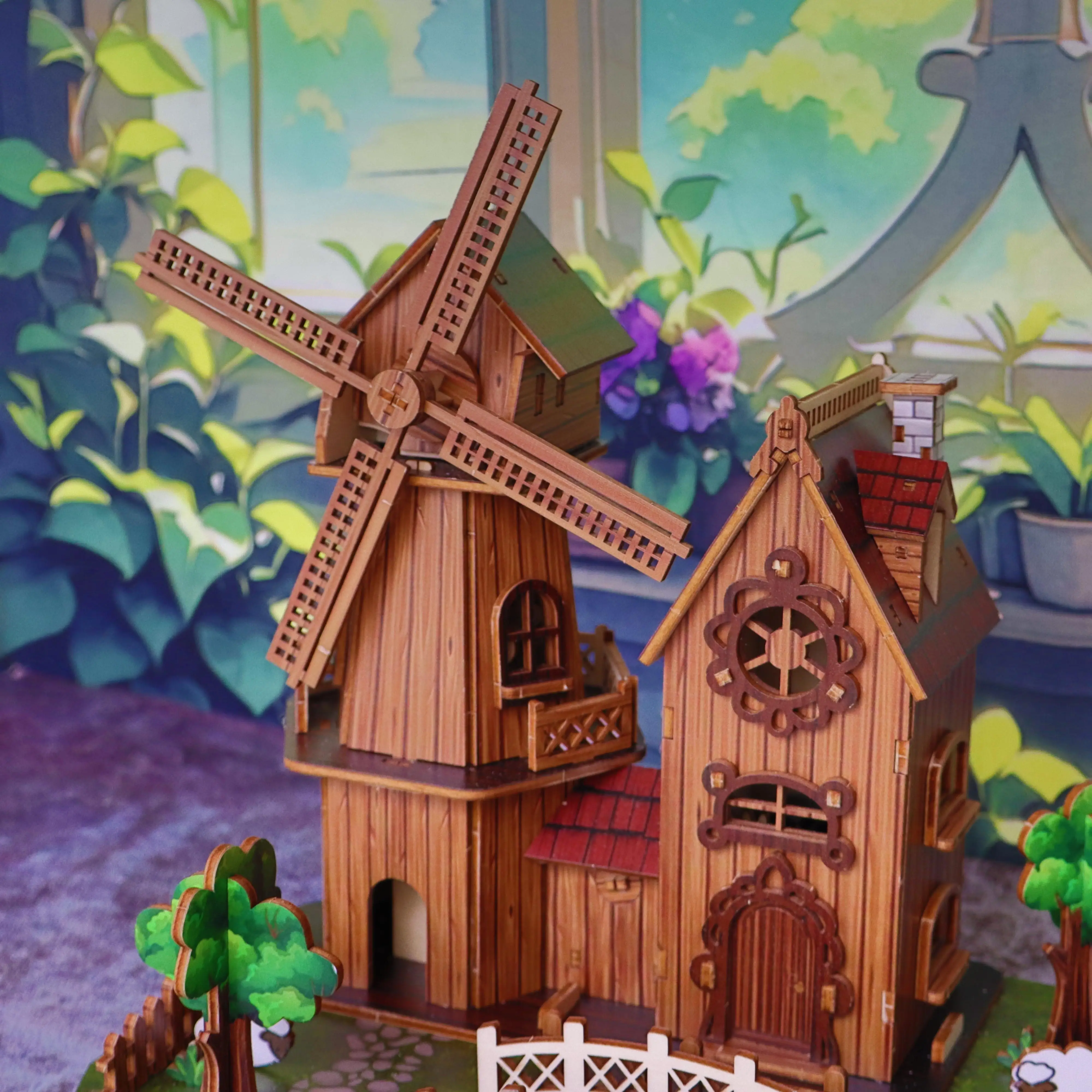 Parque de moinho de vento de quebra-cabeça de madeira 3D, modelo de cena de simulação de estilo pastoral, brinquedo de montagem DIY feito à mão, interação de lazer pai-filho