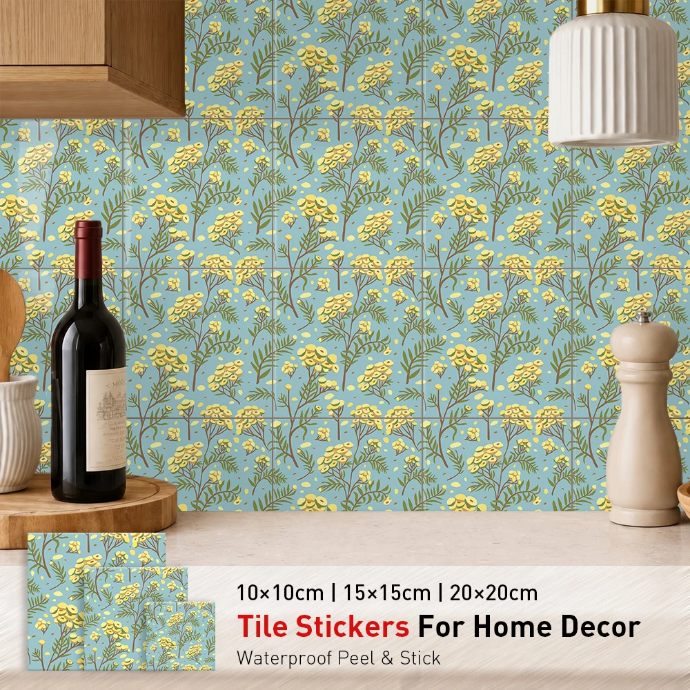Yellow Wildflower Seamless Wall Sticker, Pastel Blue Background Botanical Self Adhesive Decal, Gentle Floral Art for Room Decor