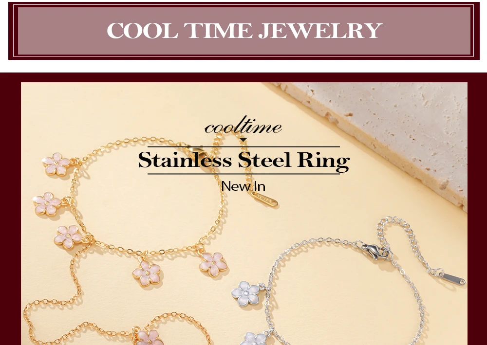 CoolTime Niedliche Armbänder aus Edelstahl mit rosa Blüten und Ring, zierliche Emaille-Sakura-Kette, verstellbar, Geschenk für Frauen – Detail 1