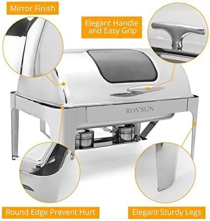 Rovsun 9Qt 3 Packs Roll Top Chafing Dish Buffet Set, Stainless Steel Chafers For Catering, Rectangular Buffet Servers And