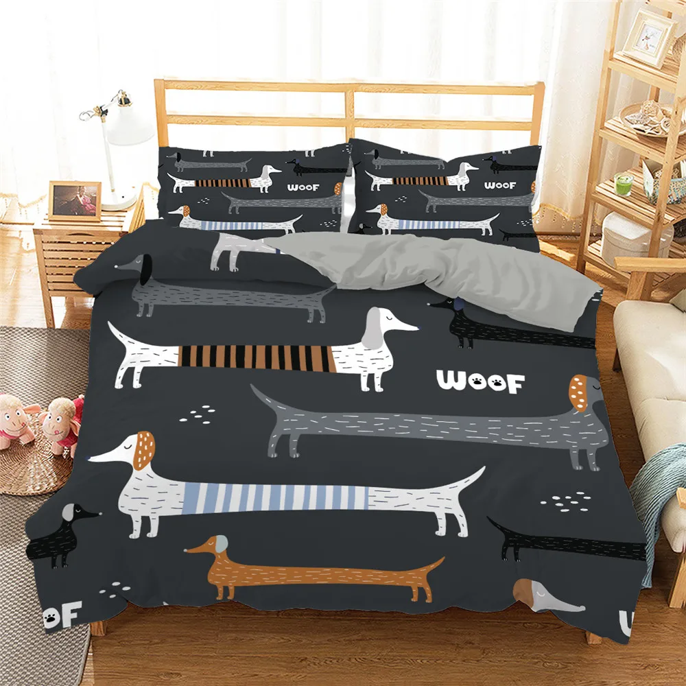 

Cartoon Dachshund Sausage Dog Print Black Duvet Cover Puppy Animals for Boys Girls Children Gifts for Bedroom Decorations Queen