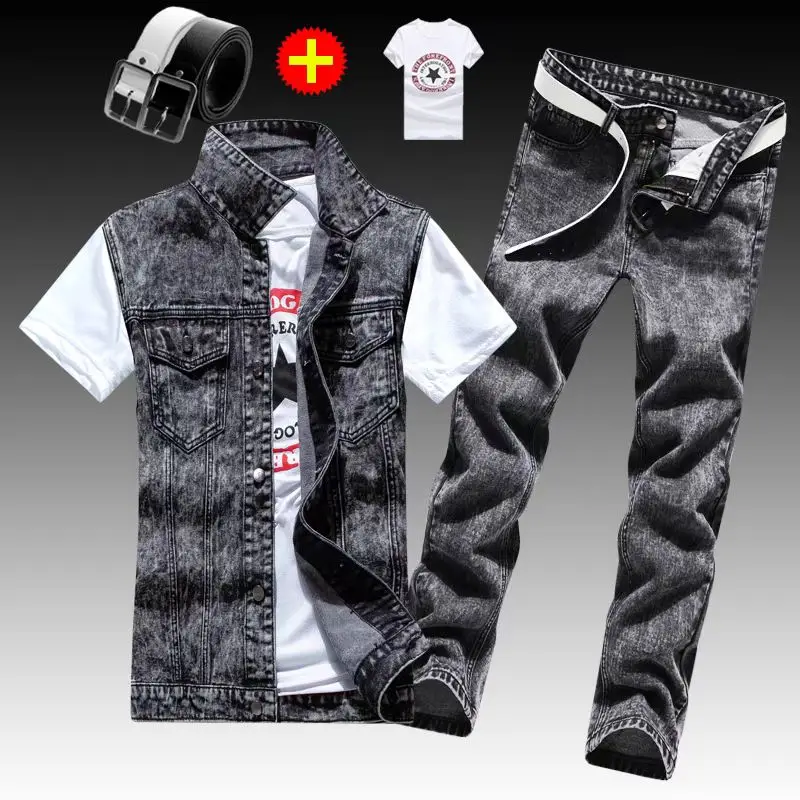 Spring Autumn Mens Thin sleeveless Denim Coat Pencil Pants T-shirts 3pcs Set Jacket Trousers Casual for Male Slim Fit