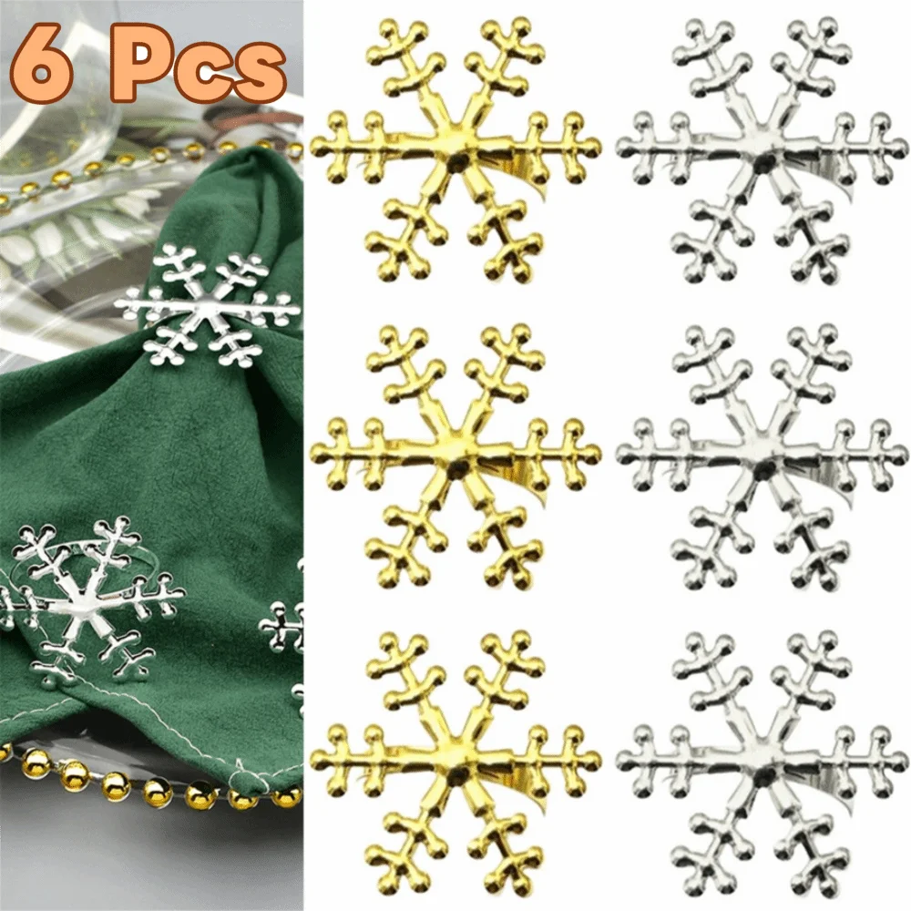 6PCS Gold/Silver Christmas Snowflake Napkin Ring Metal Electroplating Xmas Napkin Holder Reusable Festival Napkin Buckle