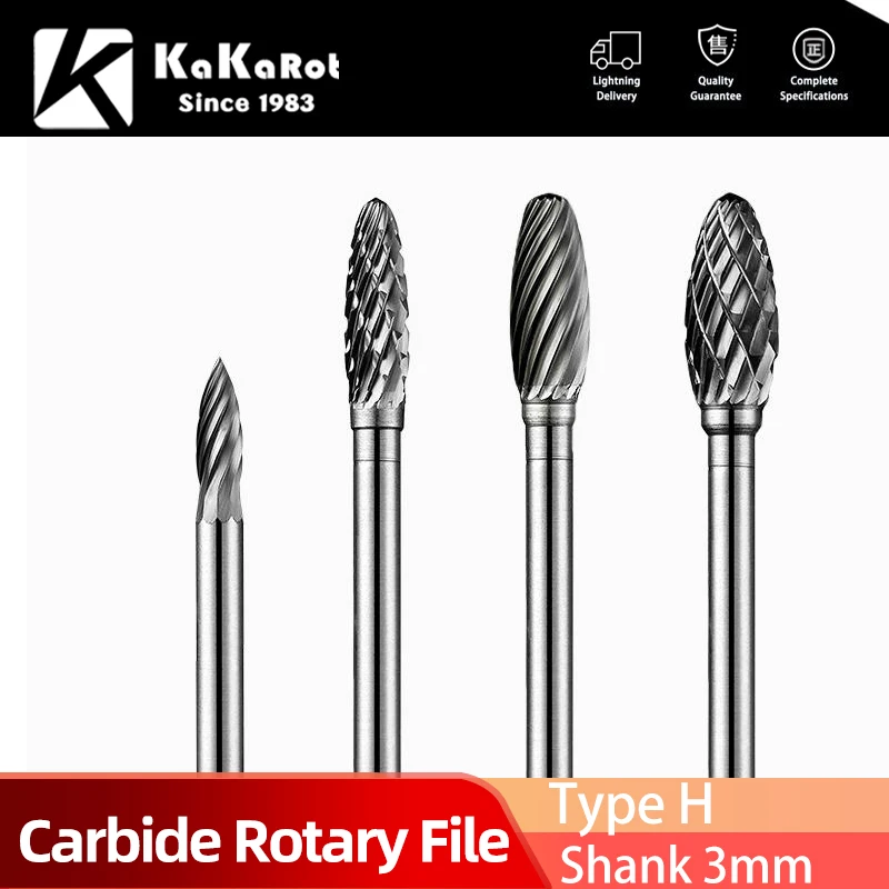 

KaKarot 3mm Shank H Type Tungsten Carbide Rotary Files H3 H4 H5 Single Burr Drill Bit CNC Engraving Rotary Tool Cutter Lime Core