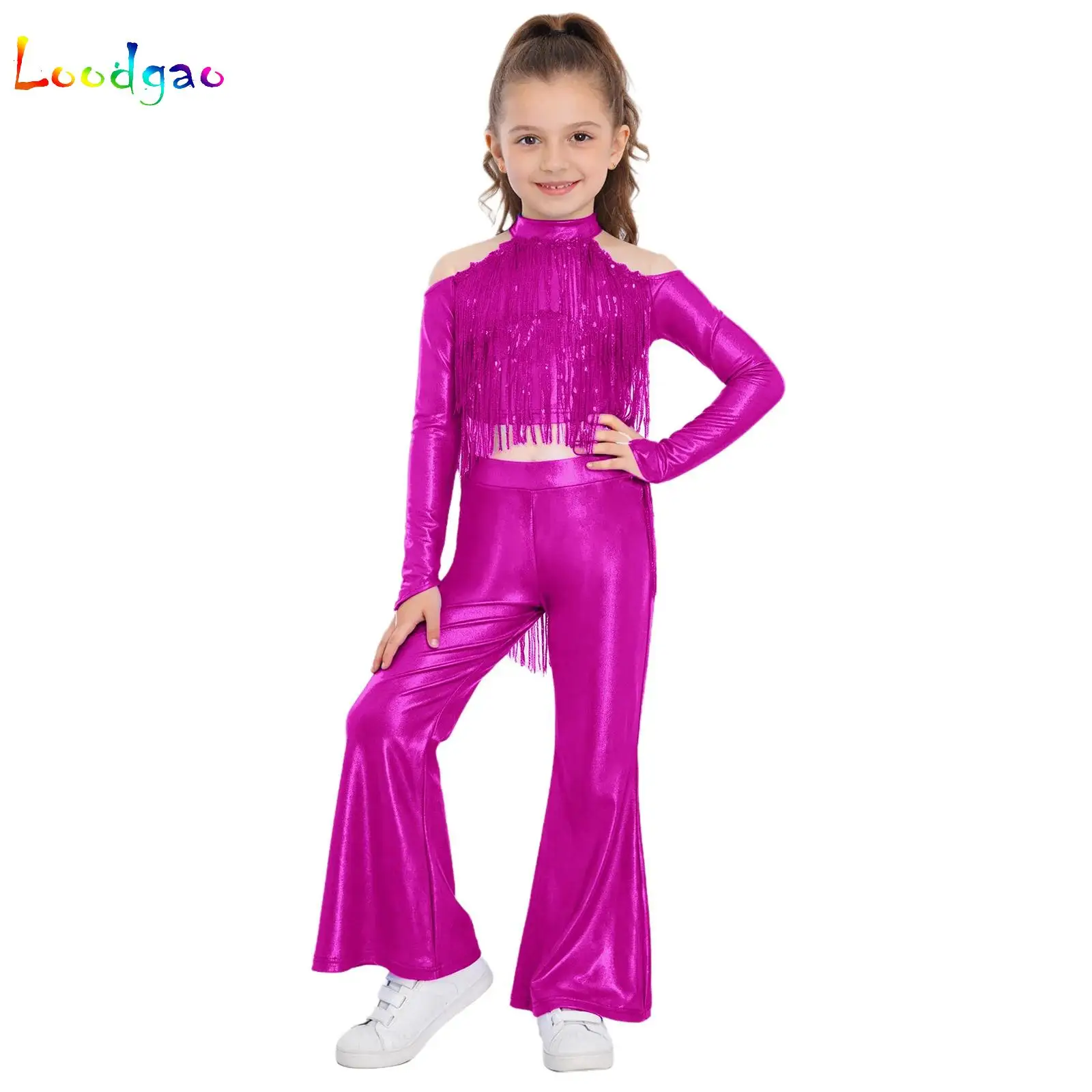

Kids Girls Sparkly Sequins Jazz Cha-cha Tango Dance Performance Outfit Costume Disco Dancewear Crop Top with Bell-Bottom Pants