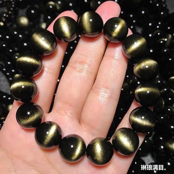 Natural Collectible Gold Obsidian Bracelet with Double Golden Cat Eye Beads, Crystal Cat Eye Black Gold Obsidian