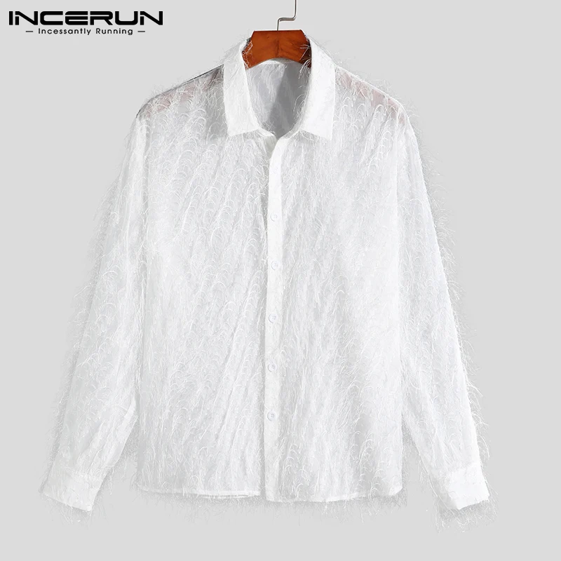 INCERUN Tops 2024 Korean Style Men\'s Solid Long Sleeve Shirts See Through Blouse Fashion Male Sexy Leisure Party Nightclub S-5XL