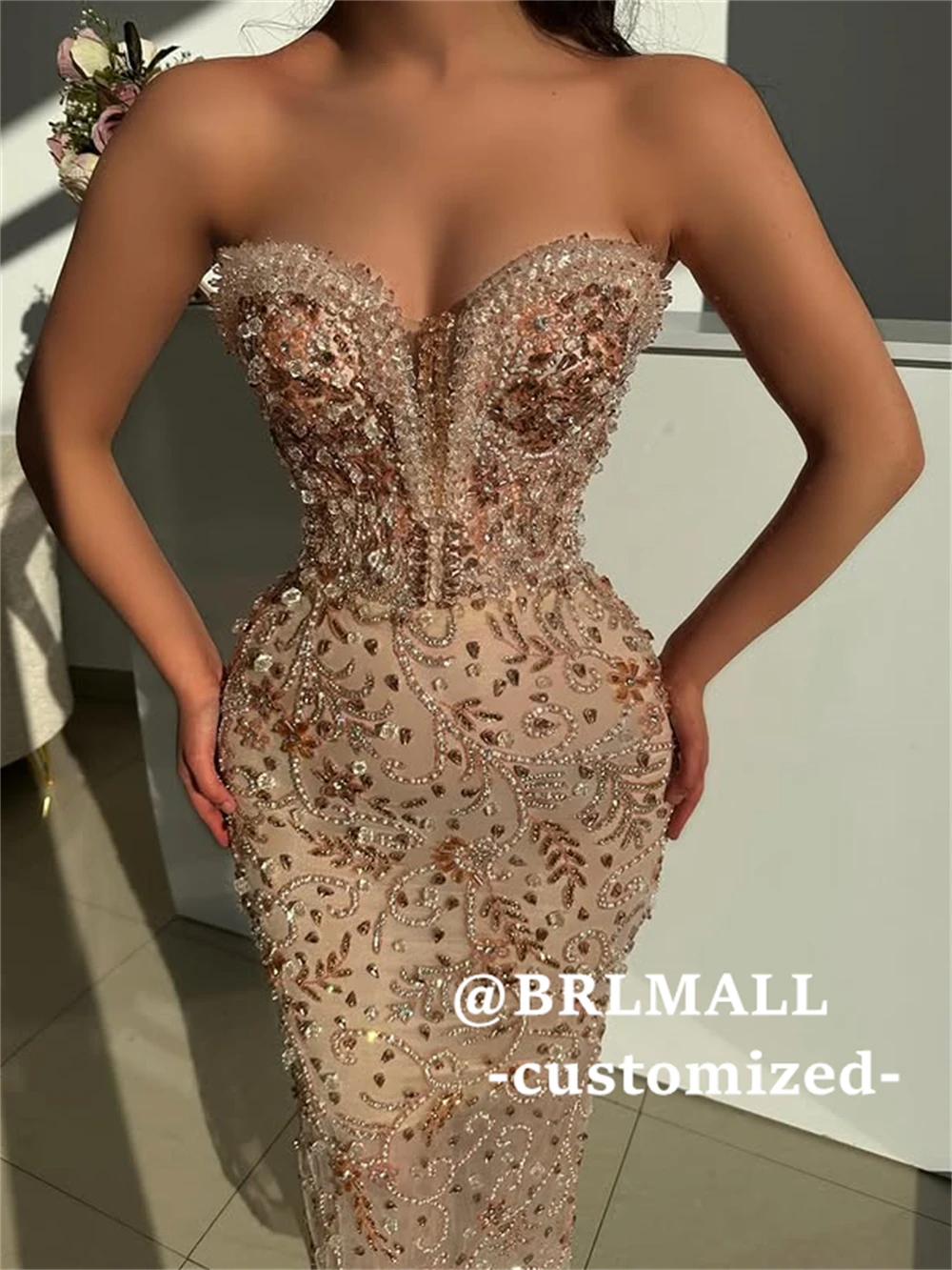 

BRLMALL Exquisite Beaded Long Evening Dress - Women's Sexy Sheath Party Prom Gowns with Crystals - Sleeveless - Tulle Ilusion