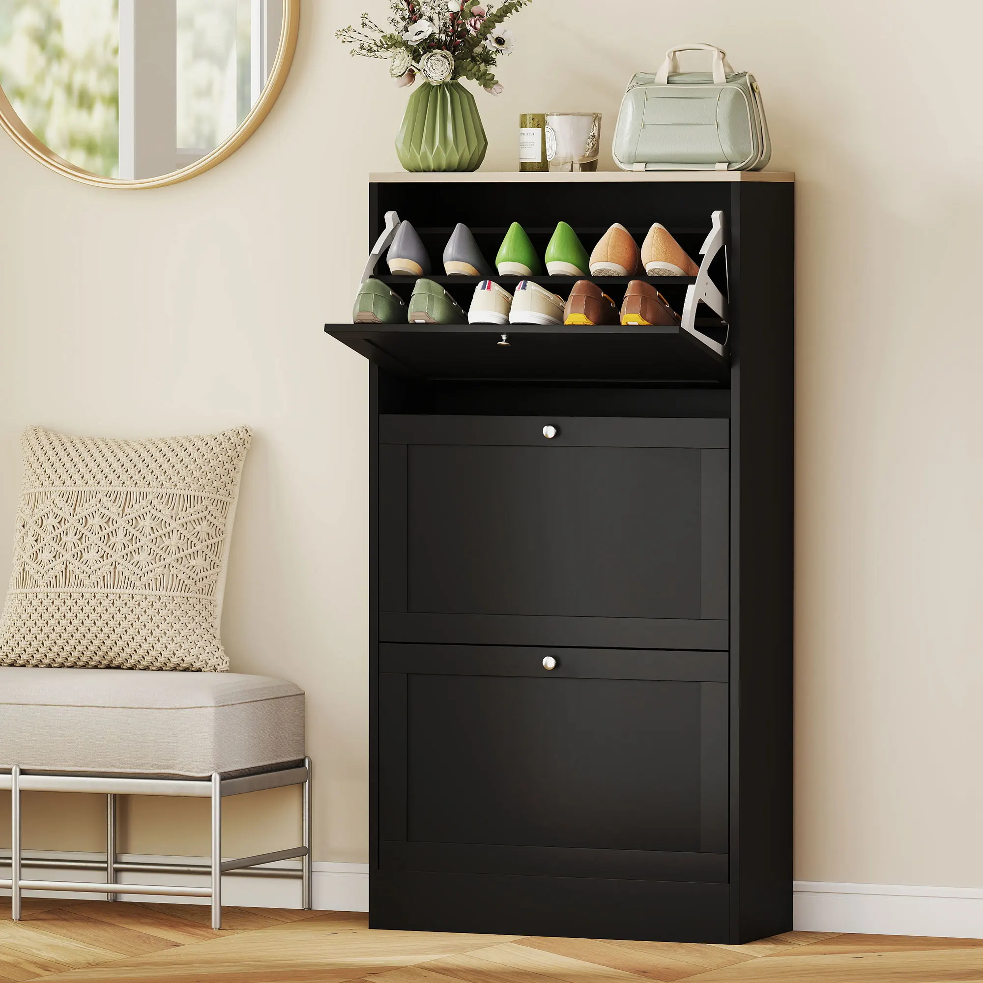 HOMCOM Shoe Storage Cabinet with 3 Flip Drawers, Wooden Freestanding Shoe Organizer with Adjustable Shelves for Entryway, Hallway, Black
