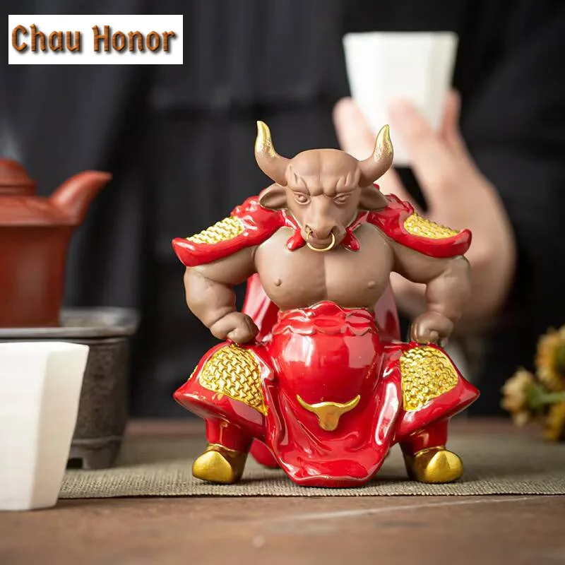 Boutique Purple Clay Bull Demon Ornaments Creative Tea Pets Ceramic Kung Fu Small Animal Figurines Home Car Decoration Crafts