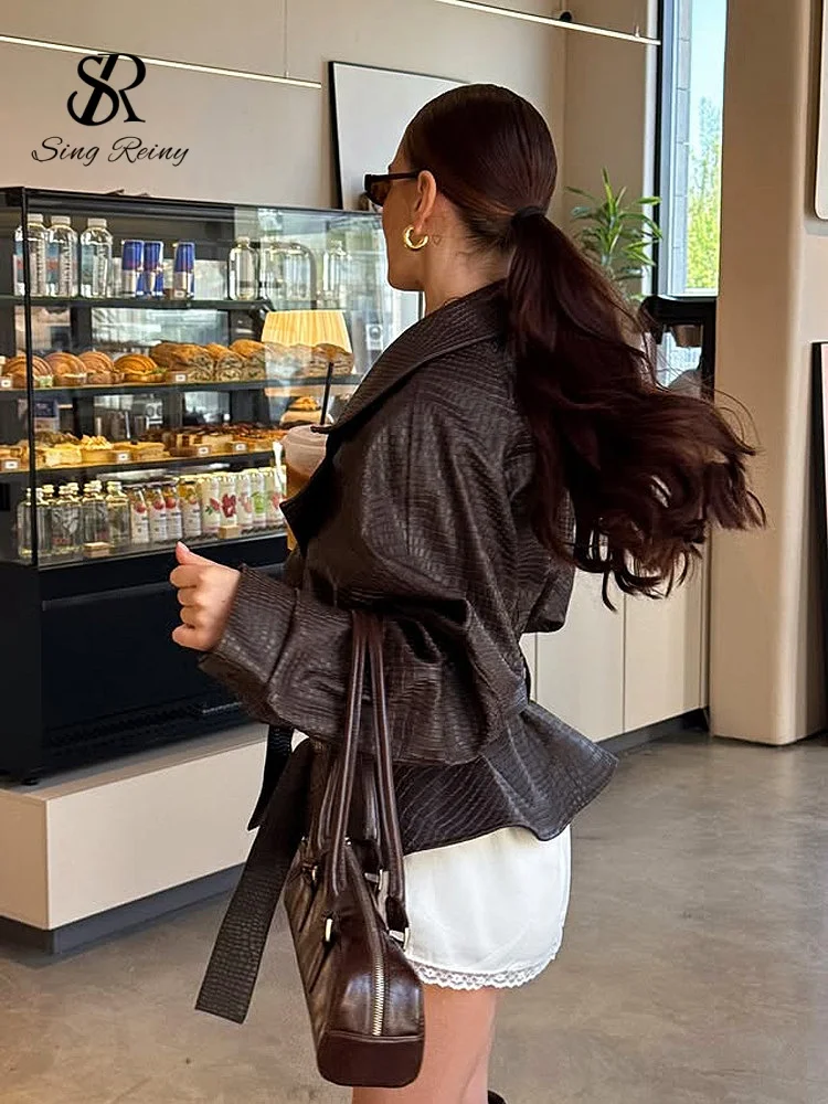 Lapel Long Sleeves Casual Leather Jackets Winter Female Sashe Design Texture Short Coat Fashion Vintage Outerwear