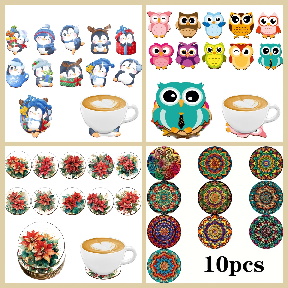 

10 animal/flower-themed patterned wooden anti-slip and heat-insulating coasters, New Year's gifts for living rooms and kitchens