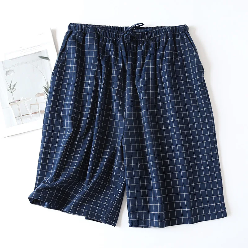 Plaid Design Sleepwear Men Pajama Shorts for Summer Thin Cotton Loose Double-layer Homewear Lounge Wear Checkered Pj Pants