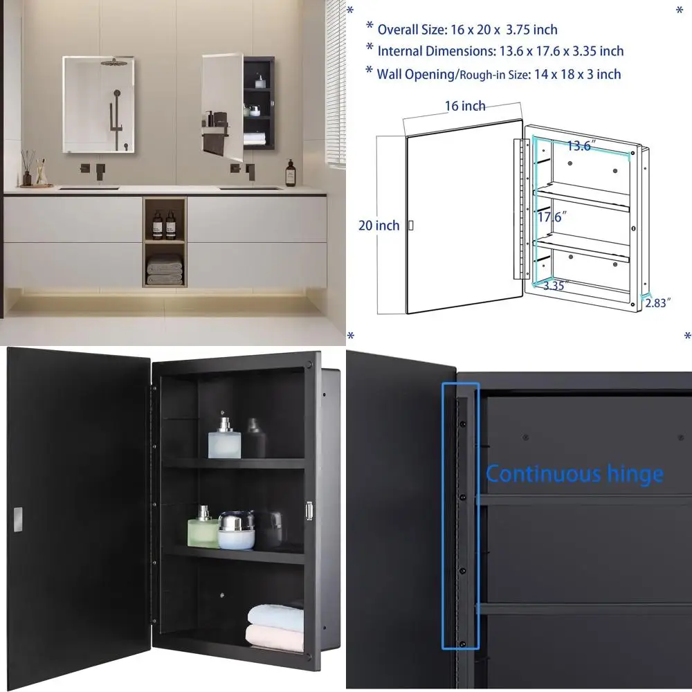 

16x20 Inch Beveled Edge Black Plastic Medicine Cabinet, Surface and Recessed Mount Bathroom Mirror