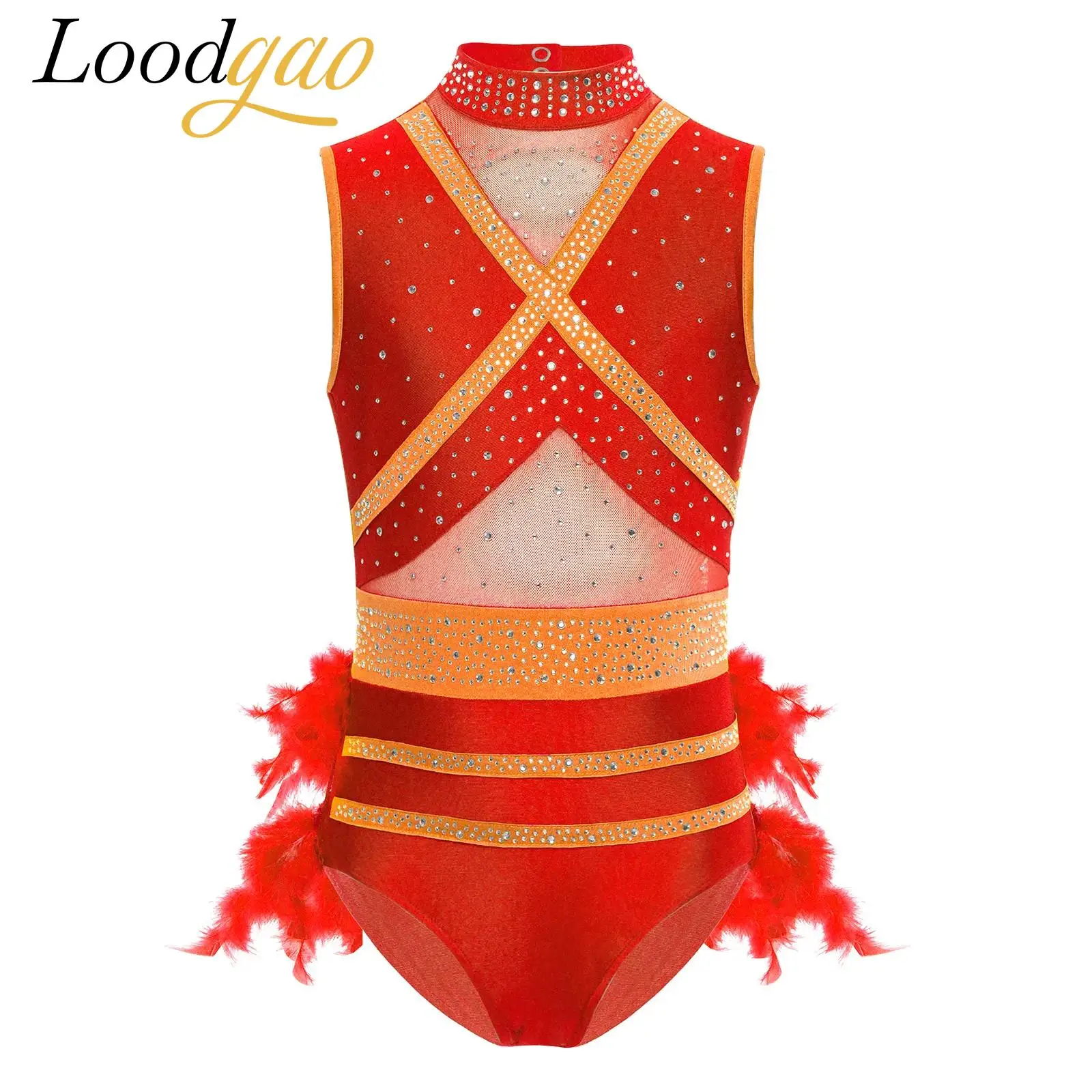 

Teens Girl Shiny Rhinestones Ballet Dance Jumpsuit Acrobat Rhythmic Gymnastics Leotard Feather Lyrical Figure Skating Costume