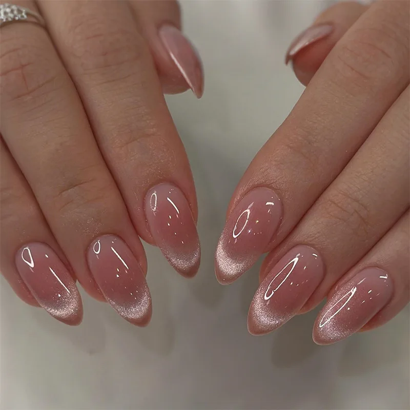 

24pcs French Cat's Eye Press on Nails Solid Color Pink Gradient Mid-length Almond Fake Nail Simple Wearable False Nails Finished