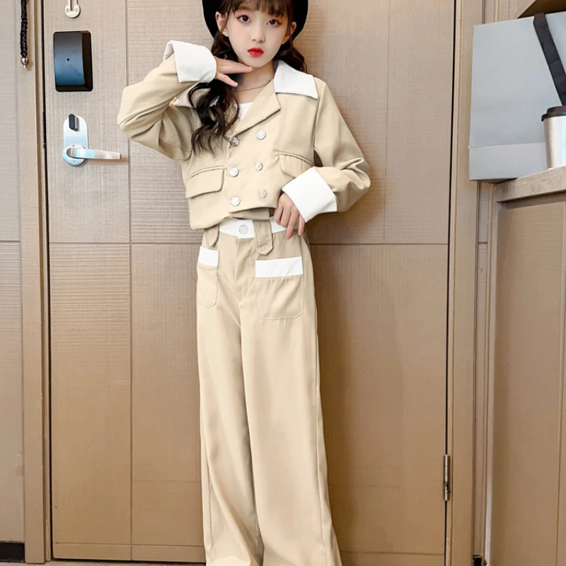 女の子のためのクラシックなワイドレッグパンツスーツ,流行の服,かわいい,マッチング,新しい,秋,2個,2024