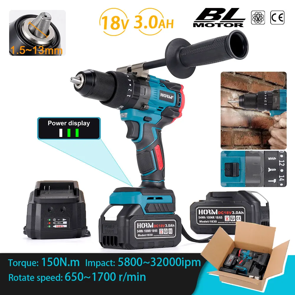 Brushless Electric Hammer Drill Cordless Screwdriver 150N.m 3 in 1 Powerful 2-Speed Impact Drill Tool For Makita 18V Battery