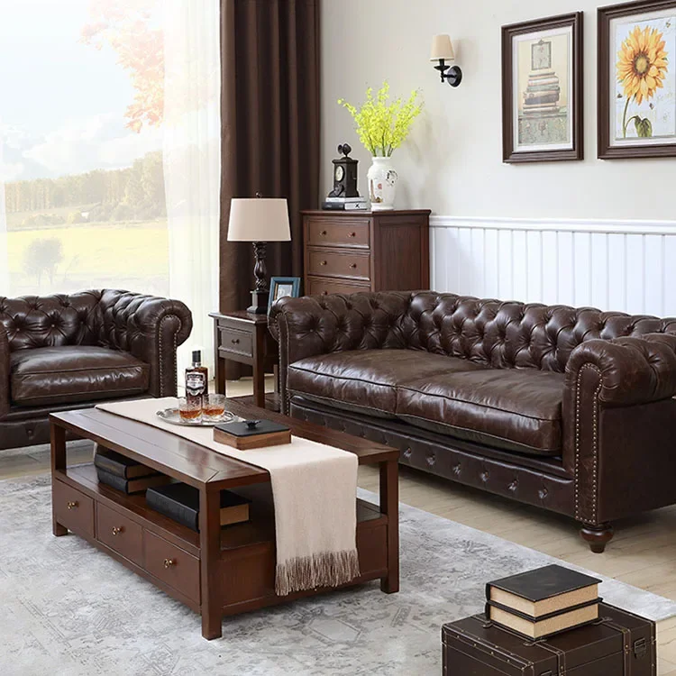 Small apartment retro living room, oil wax leather three people, apartment sofa