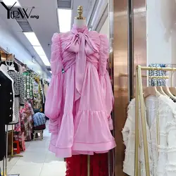 Yuerwang Women Dress Lantern Sleeve Bow Bandages Pink Apricot Vintage Dresses Long Sleeves Turtleneck party Dress ready to ship