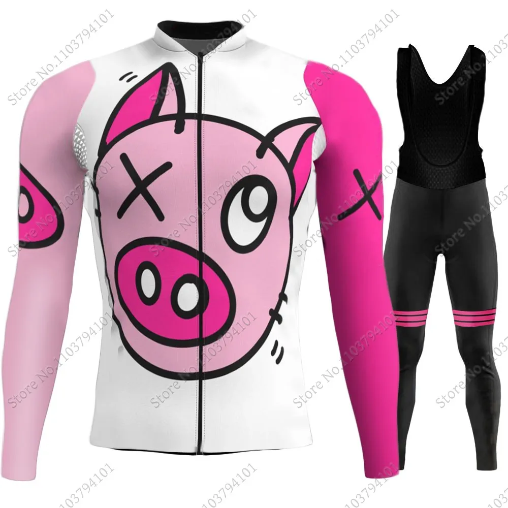 Cartoon Anime pig 2024 Cycling Jersey Set Mens Long Sleeve Summer Clothing Road Pants Bib Bike Suit MTB Maillot Ropa