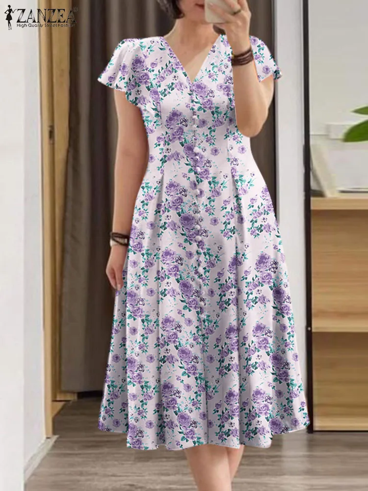 ZANZEA letnia elegancka dekolt w szpic z krótkim rękawem sukienka Midi z kwiatowym nadrukiem kobiety czeska Sundress przyjęcie świąteczne Casual