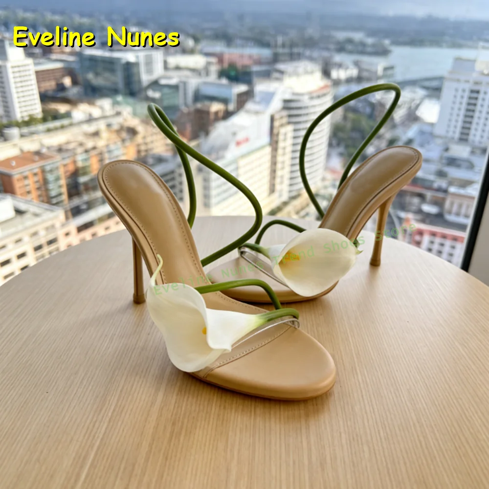 Flower Decoration Ankle Strap Sandals Round Toe Stiletto Side Air Slip On Patchwork Lady's Fashion Slides 2026 Summer Dress New