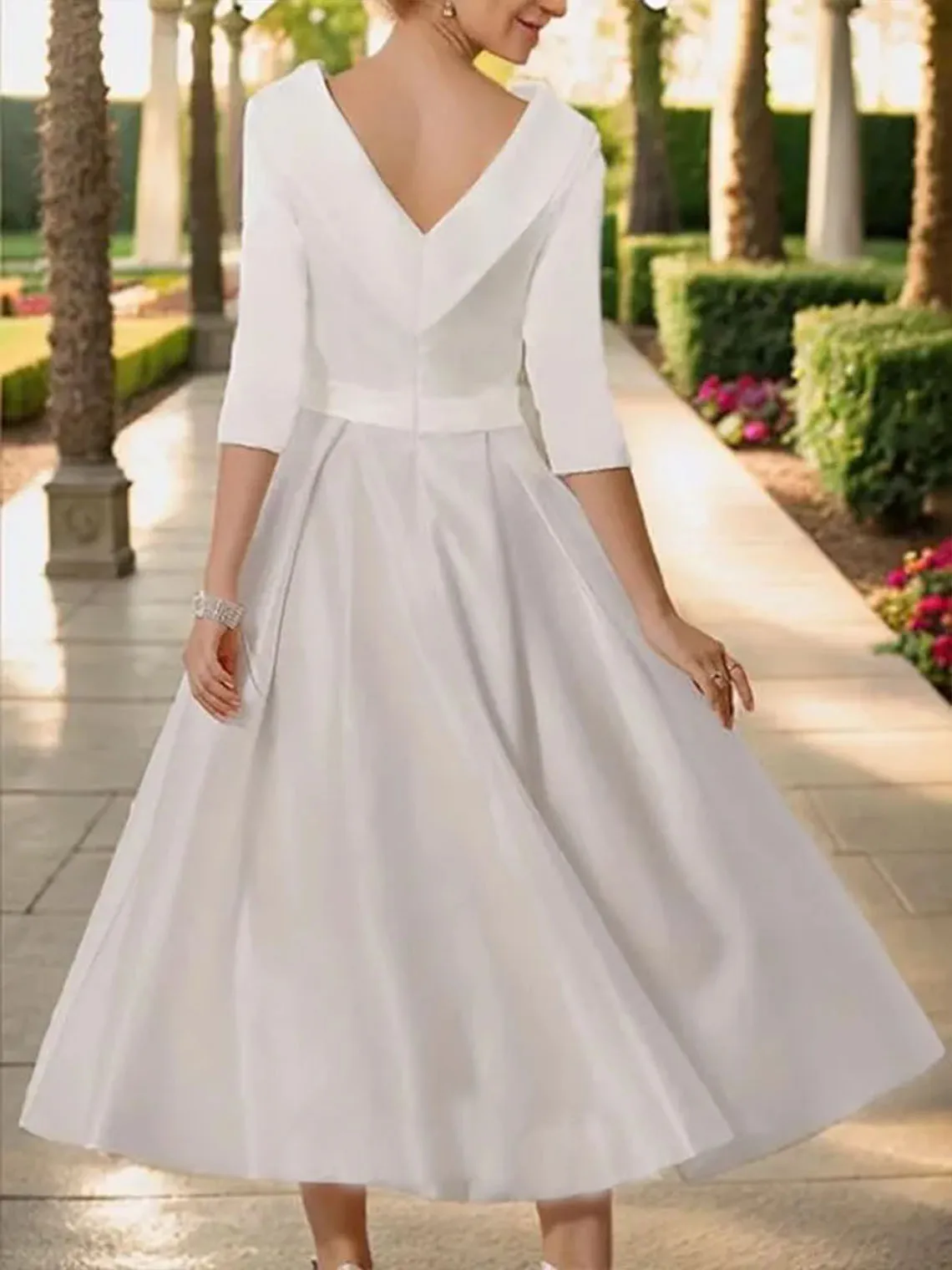 Gaun Pesta Pernikahan Ibu Pengantin Wanita Elegan Bahan Satin Model A-Line Panjang Sedang Kerah Scoop dengan Ruffle dan Hiasan Manik-Manik 2025 Gratis Pesan Sesuai Keinginan