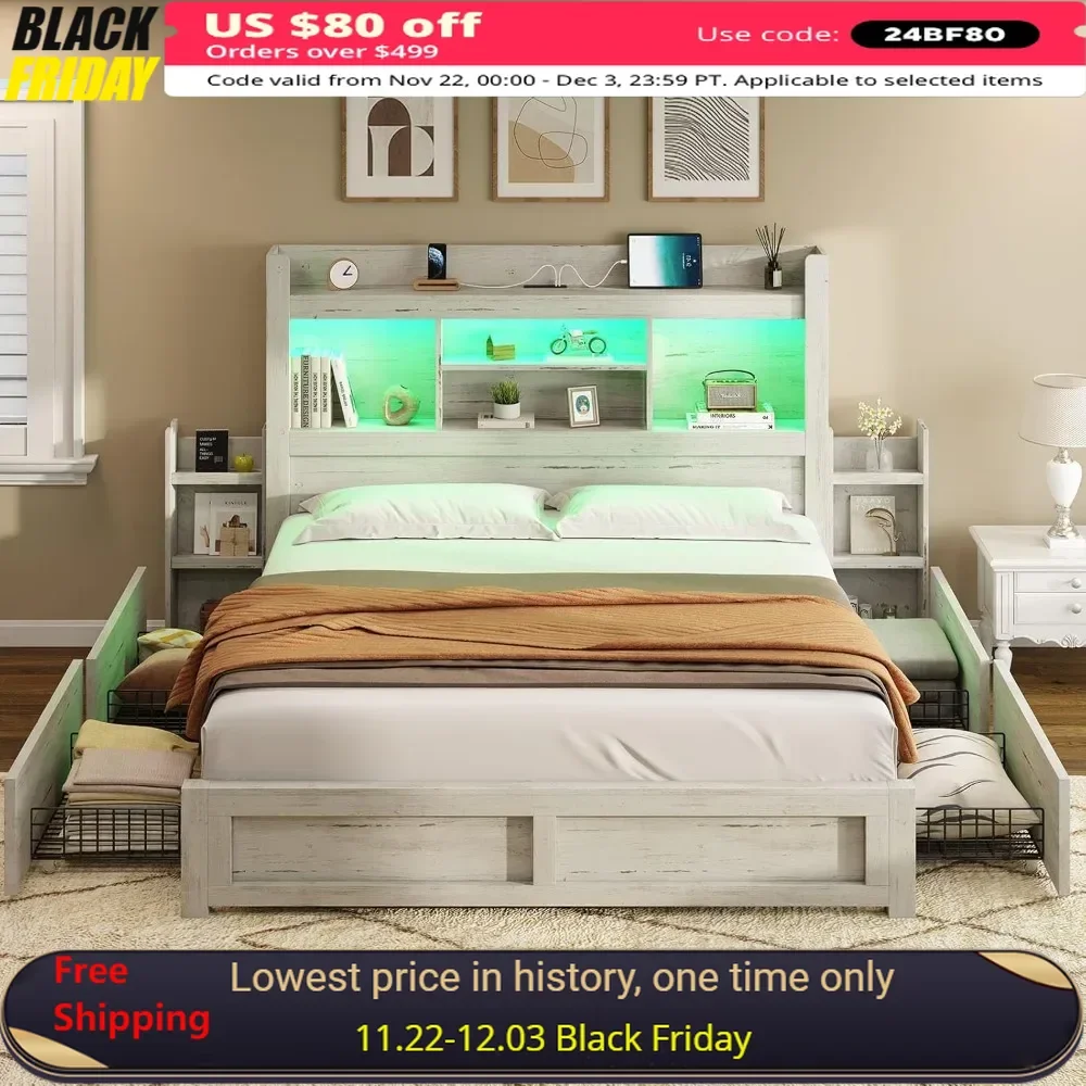 Queen Size Bed Frame with 4 Storage Drawer, LED Bed Frame with 49.6