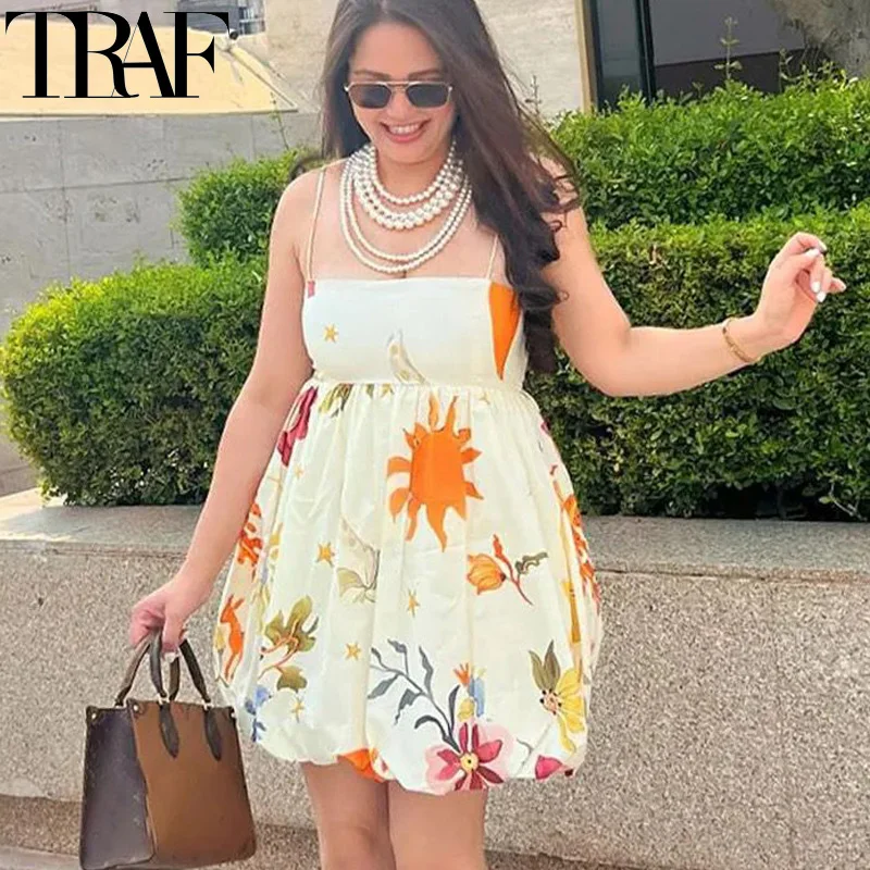 TRAF Print Slip Mini Dress Pleated Sleeveless Short Dresses For Women Summer Backless Holiday Dresses 2024 Sexy Beach Dress