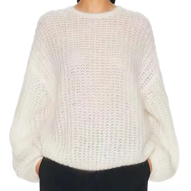 レディース透かし彫りオーバーサイズ長袖ニットトップ スタイリッシュで多用途なクルーネックプルオーバー 高品質トップス 秋シーズン 新作
