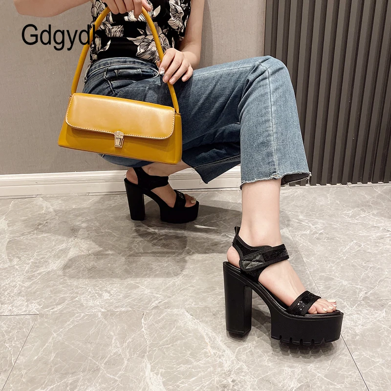 Gdgydh Fashion Glitter High Heels Platform Party Shoes for Women Ankle Strap Block Heels White Wedding Shoes Non Slip